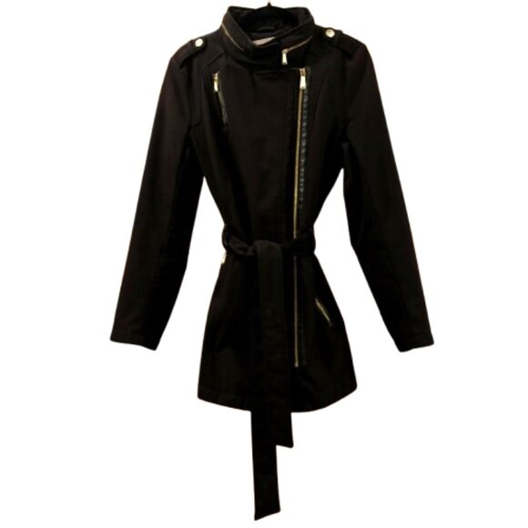 MICHAEL KORS~BLACK TRENCH COAT Asymmetrical Zip Military Style Jacket  SZ Medium - Picture 3 of 7